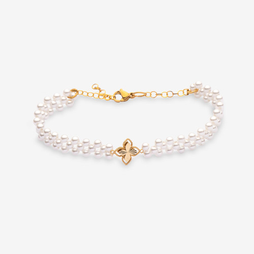 دستبند طلا 18 عیار زنانه با بند مهرهای مدل مروارید- چهار پر