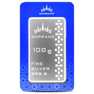 شمش نقره 100 گرمی سوپرانو عیار 999.9 | نقره خالص فوقالعاده Soprano | قیمت شمش نقره 100 گرمی | قیراط98
